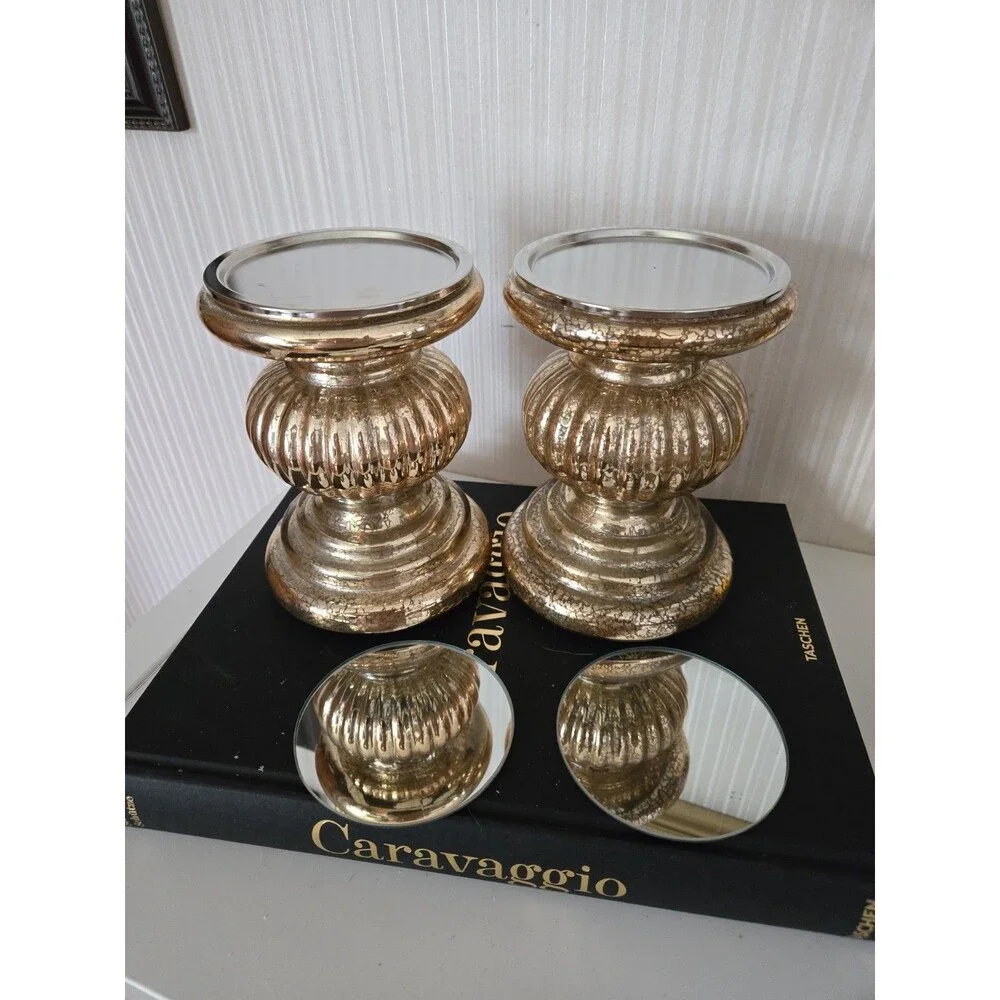 Set of 2 Gold Candle Holder Pedestals with Mirror Inserts by Valerie Parr Hill